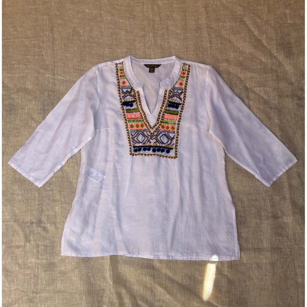 Tommy Bahama Womens White Linen Embroidered Sequin Tunic Top Size M Boho Split V